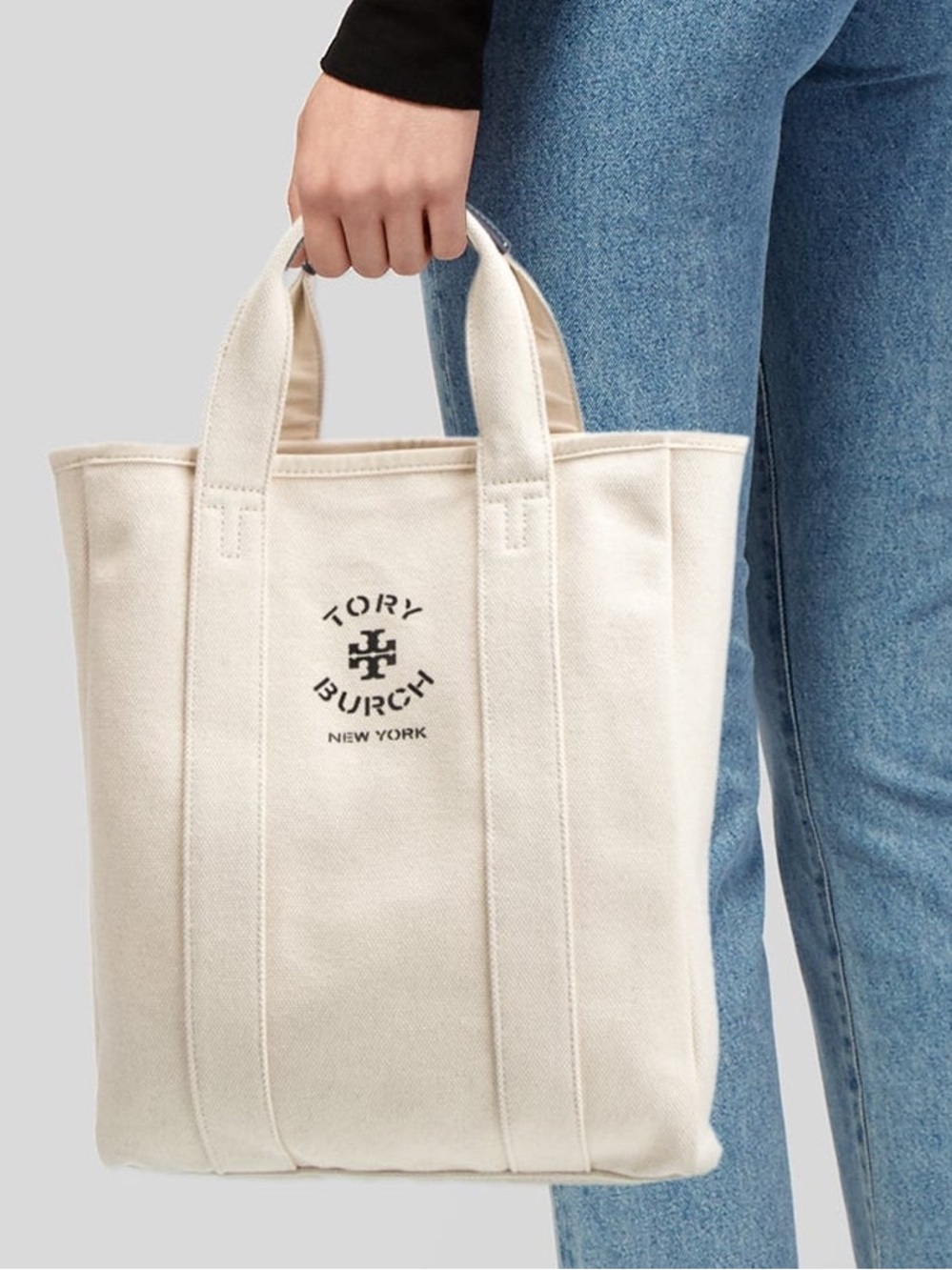 Tory Burch Natural Canvas Logo Tote, excellent condition, leather handles
